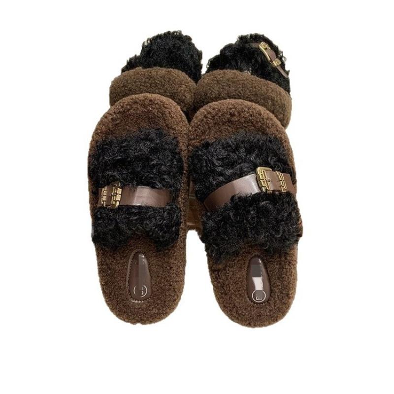 Thick-soled outer slippers women's new autumn and winter fluffy belt buckle fashion home cotton slippers