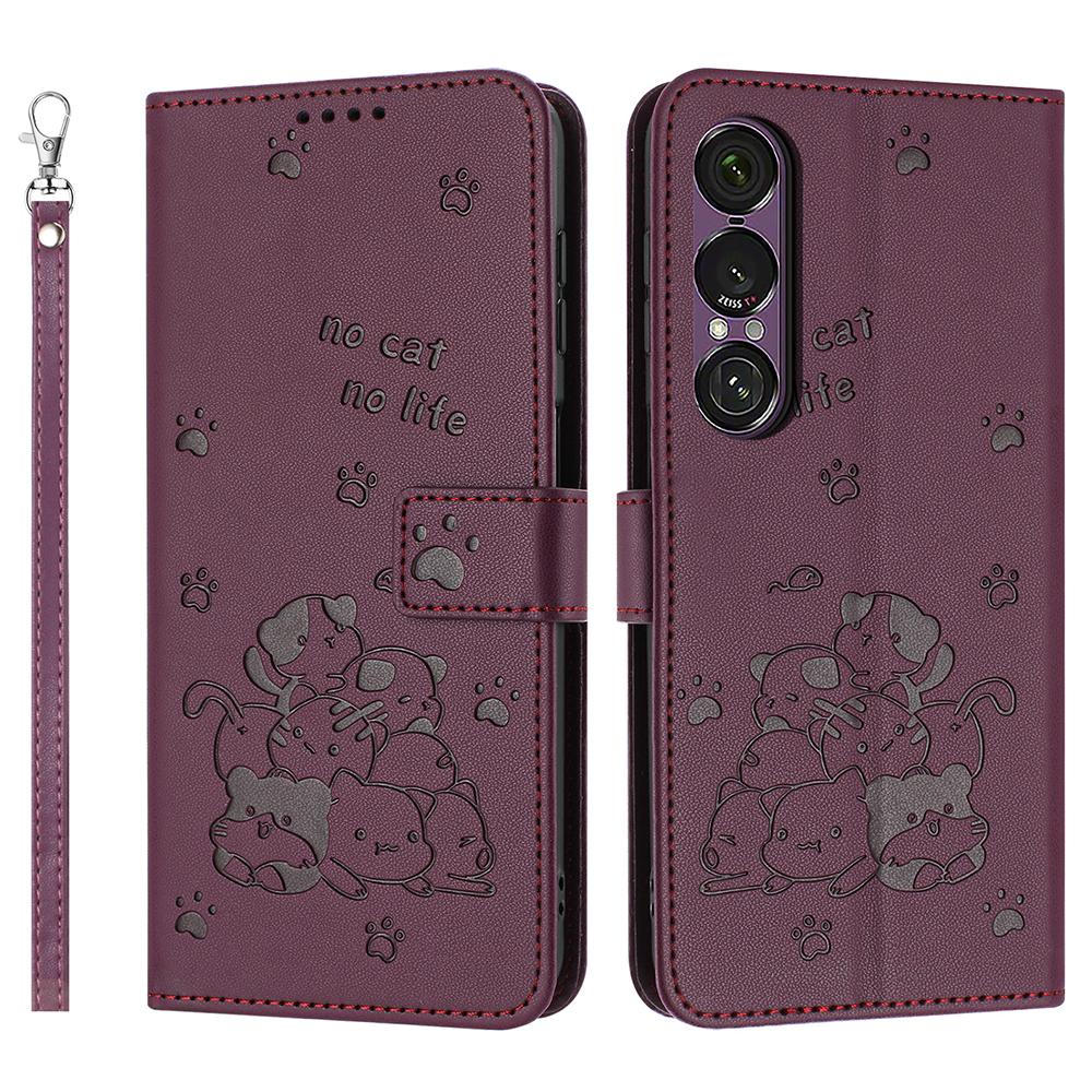 

Wallet Case for Sony Xperia 1 VII Imprint Leather Phone Cover with Strap Wine Red