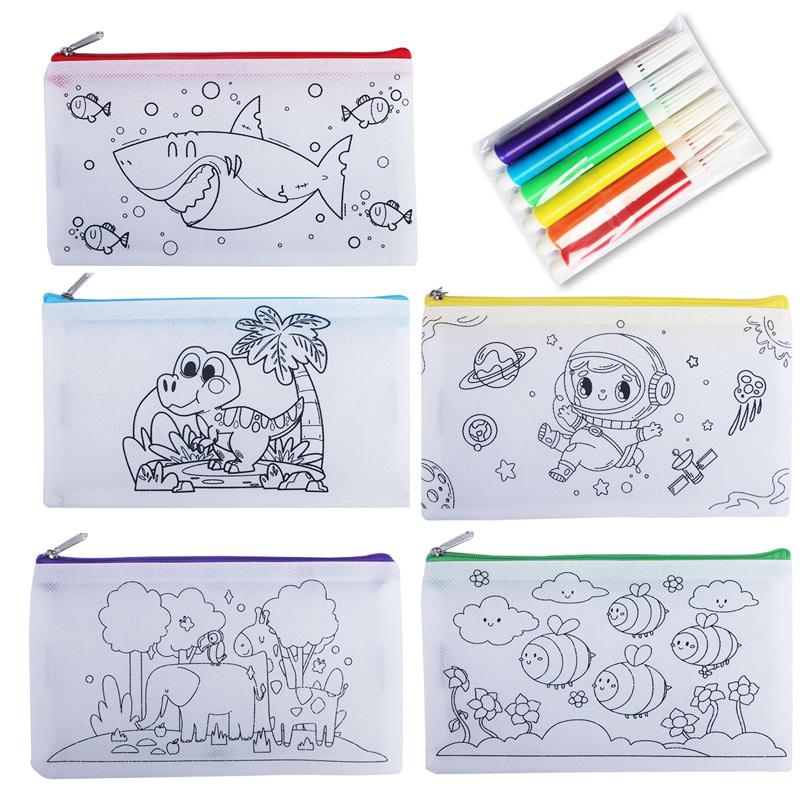 5pcs DIY Kids Graffiti Stationery Bag Zipper Pencil Case Bag Children's Draw Painting Non Woven Colored Zipper Bags Gift