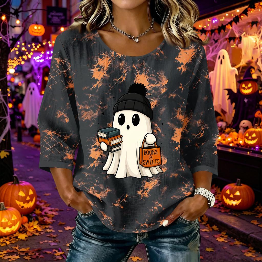 Women's fashionable casual Halloween print round-neck short-sleeved cotton and linen top