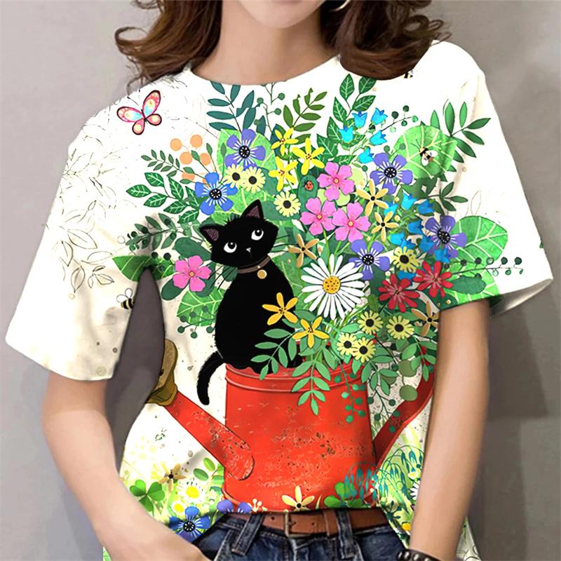 2025 T-Shirt For Women Kawaii Cat Print Tops Summer Oversized Tshirts Womens Clothes O-Neck Tees Female Clothing Fashion Blouse