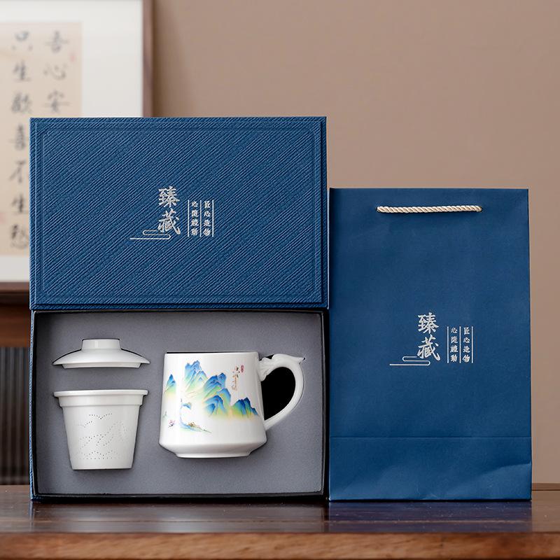 Speckstein Jade Weiß Porzellan Keramik Büro Tasse Geschenkbox Set Tee Trennbecher Geschäftsveranstaltung Souvenir