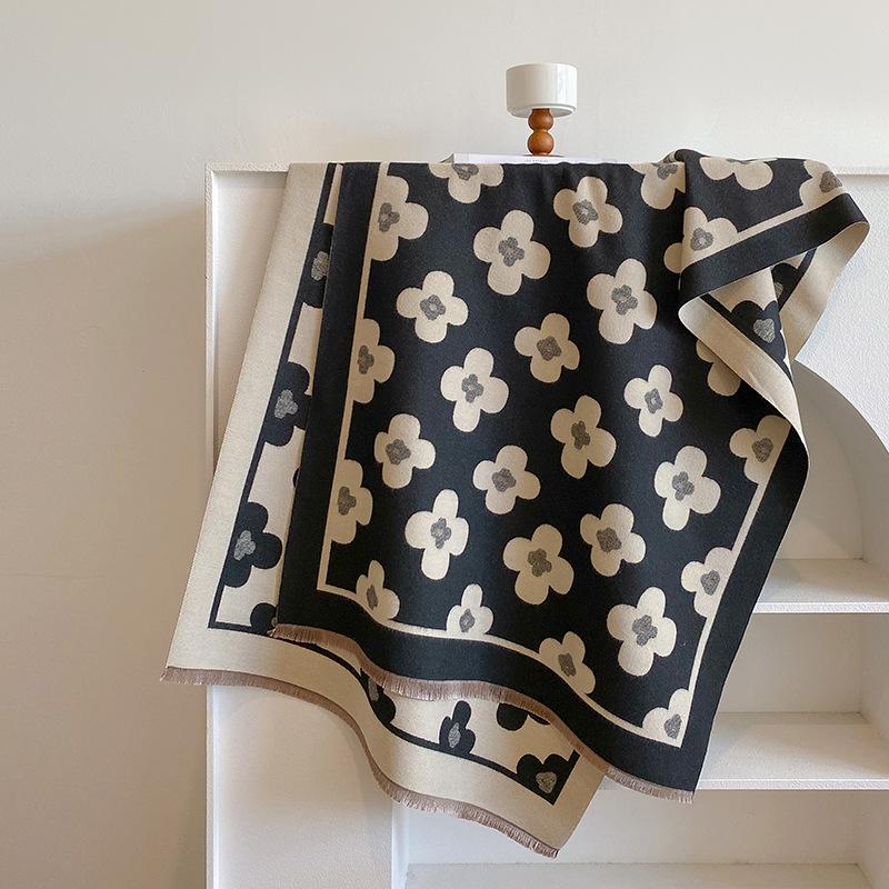 Autumn and winter versatile double-sided two-color flower design dual-purpose extended warm imitation cashmere scarf shawl women
