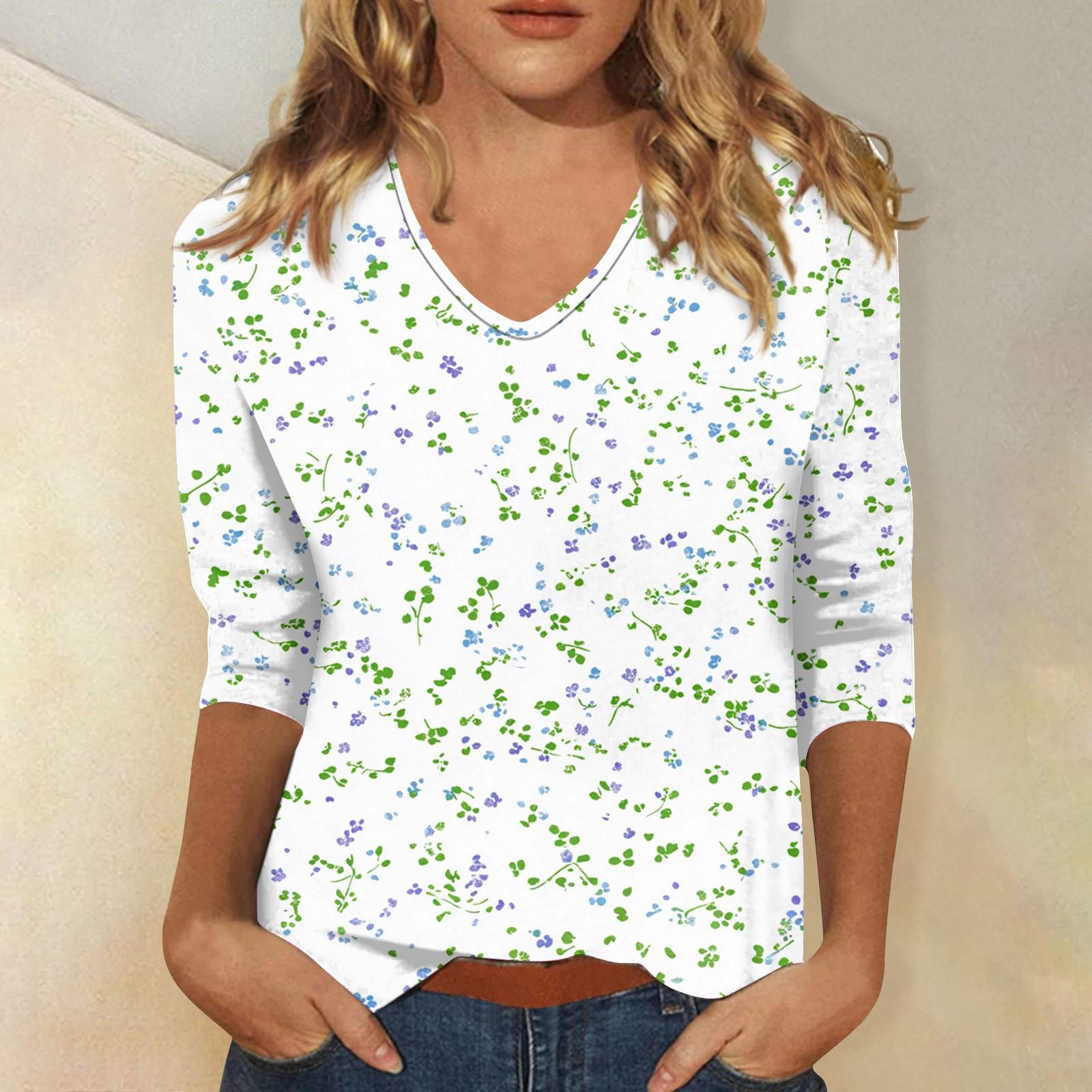 

Женские топы, рубашка с рукавом три четверти, свободная повседневная рубашка с V-образным вырезом, футболка с цветочным принтом XL белый