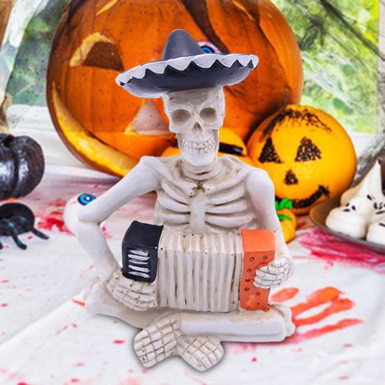 Mini Halloween Skeleton Figurines Resin Guitar/Accordion/Violin Player Skeleton Statue Halloween Collectible Decoration for Home Office Desk Decor