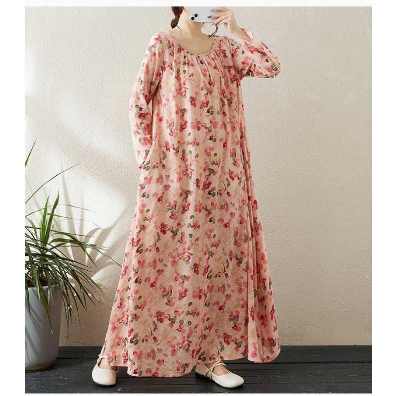 Round Neck Drawstring Loose Minimalist Long Sleeve Extra Long Dress Resort Style