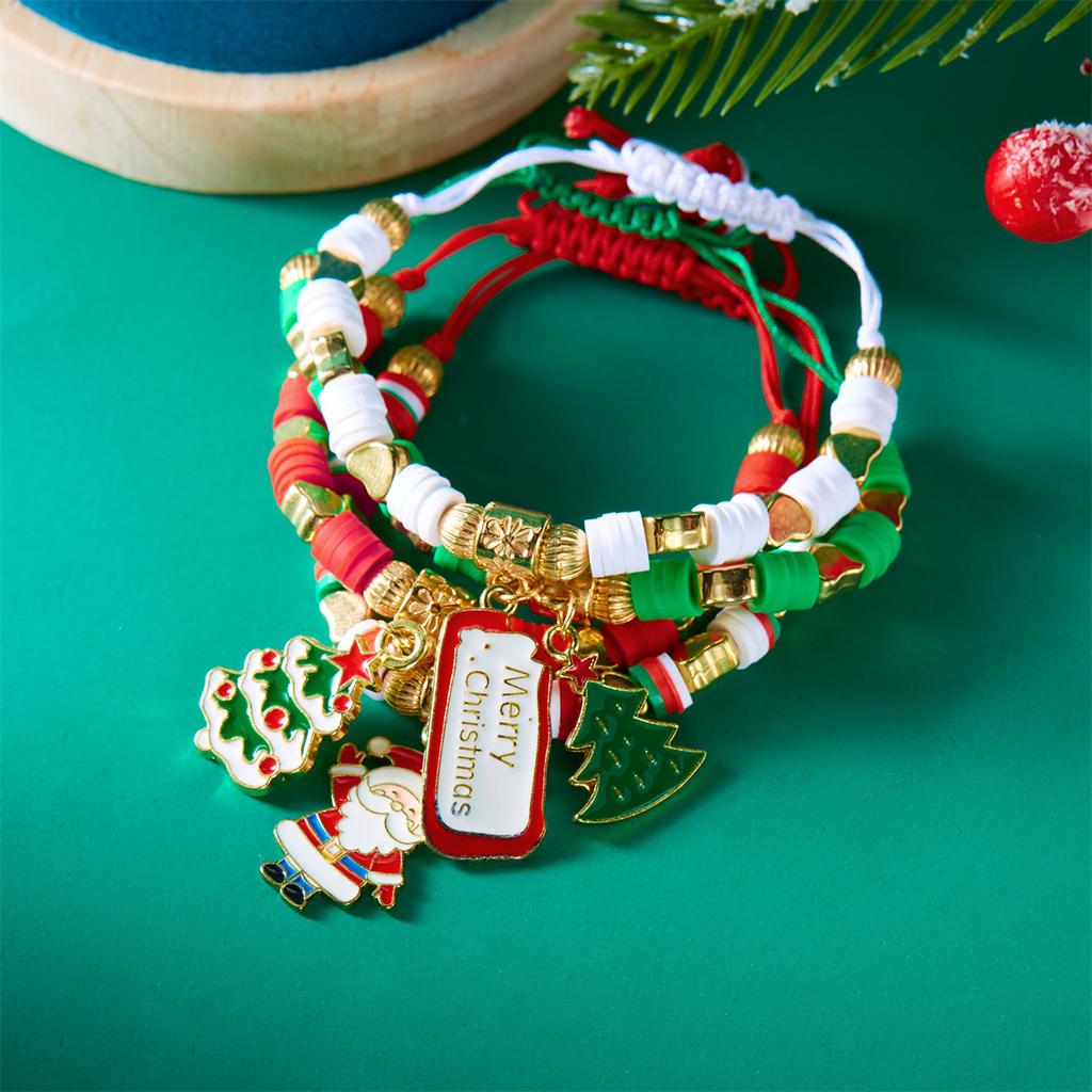 Merry Christmas Tree Santa Claus Bracelet For Women Xmas Deer Crystal Polymer Clay Beads Woven Bracelet New Year Jewelry