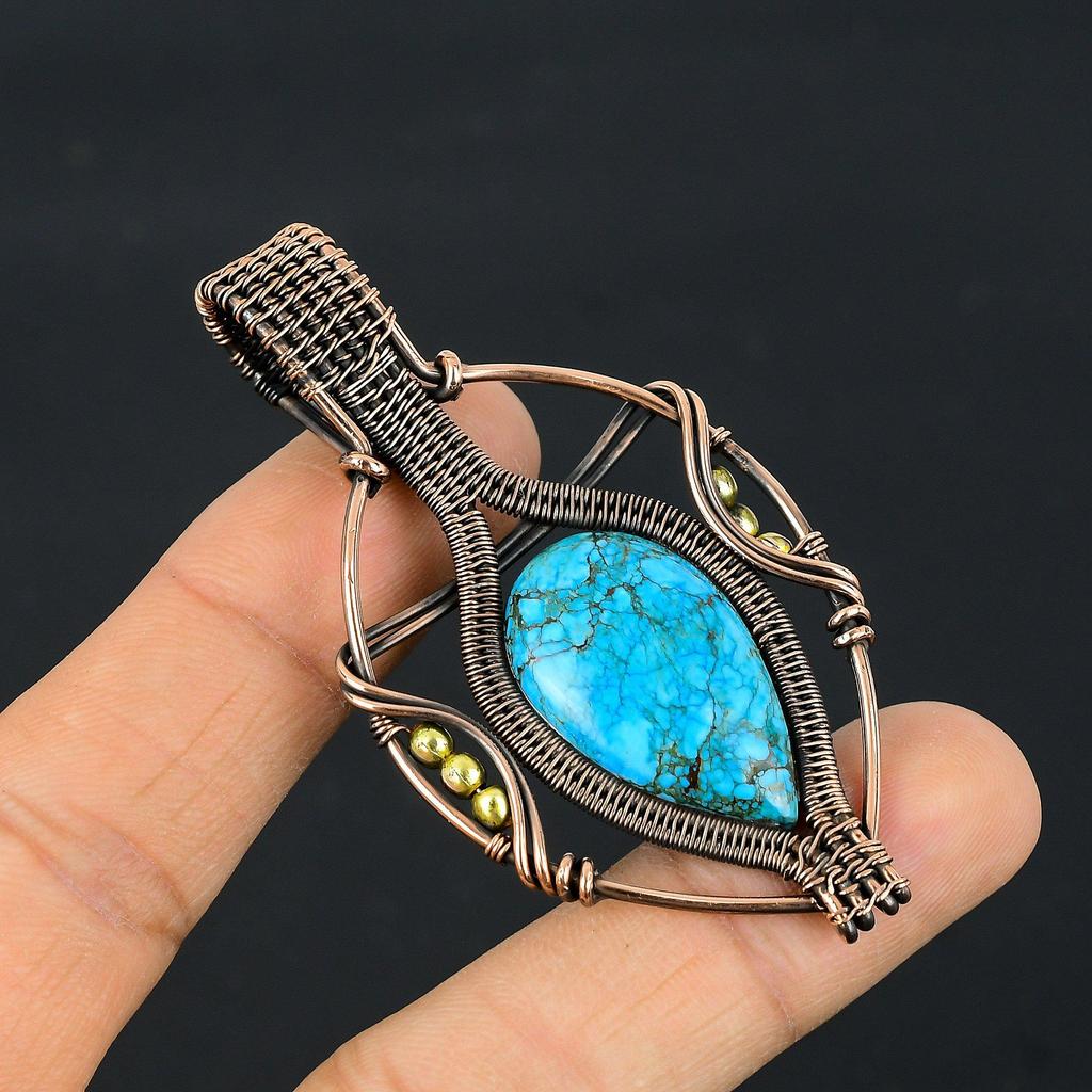 Tibetan Turquoise Pendant, 999 Copper Wire Wrapped Gemstone Jewelry, Handmade Pendant, For Thanksgiving