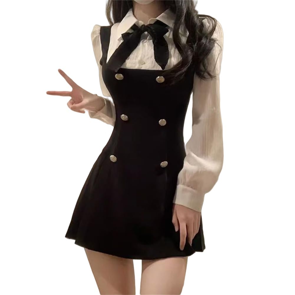 KEWJYUE Layered Long Suspender Shirt Mori Girl Everyday Wear Women's Dress, Sleeve, High-Waisted, Slimming, School-Style, Skirt, Dress, Style,