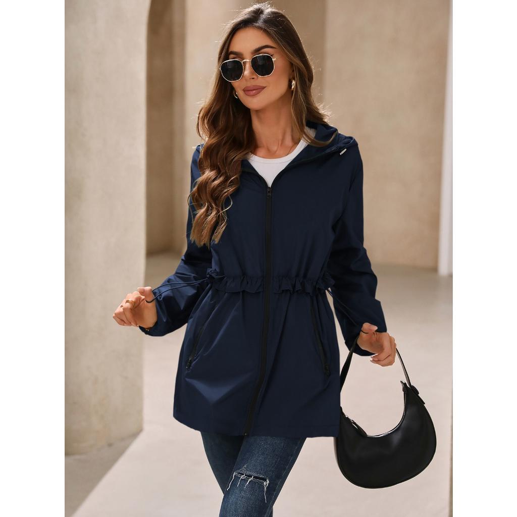 Damen Kapuzenjacke Langarm Lockerer Schnitt Kordelzug in der Taille Wasserdicht Winddicht Outdoor Wanderjacke