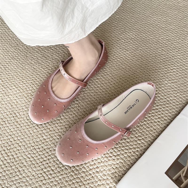 IPPEUM Women Ballet Flats Suede Round Toe Ballerinas Shoes Mujer Buckle Straps Mary Janes Shoes