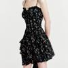 New Women's Black Floral Slip Dress Thin Strap Waist Cinching Bustier Dress Irregular Ruffle Hem Gothic Short Mini Skirt Subculture Girl Party Outfit