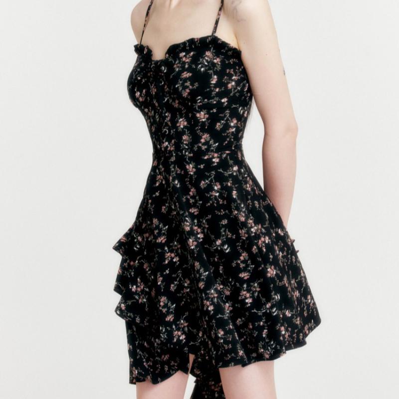 New Women's Black Floral Slip Dress Thin Strap Waist Cinching Bustier Dress Irregular Ruffle Hem Gothic Short Mini Skirt Subculture Girl Party Outfit