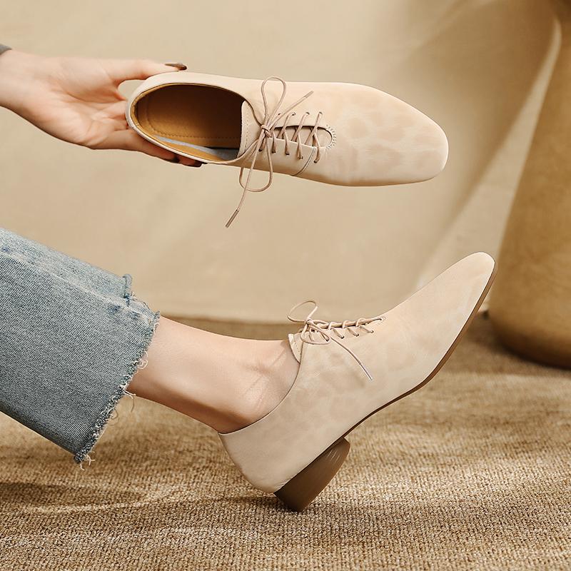 New Women'S Genuine Leather Shoes Pointed Toe Lace-Up Loafers Women Plus Size Leopard Print Formal Oxford Shoes Female