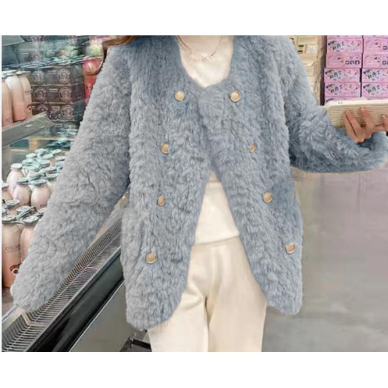 Lamb Wool Imitation Leather Coat Women's Winter New Thickened White Plush Top Cotton Jacket Round Neck