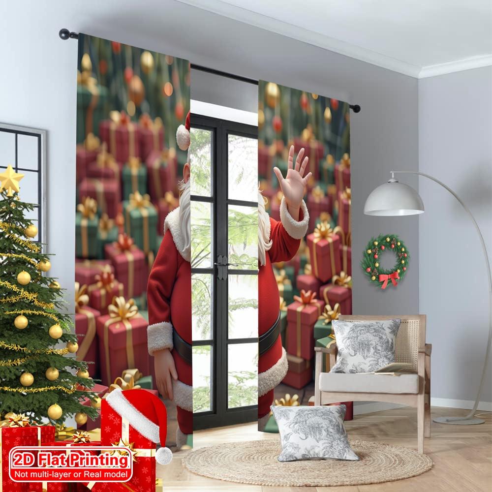 2pcs 2D flat printing Merry Christmas Popular Curtains Santa Claus Gifts Christmas Scene Fabric Without Electricity Holiday