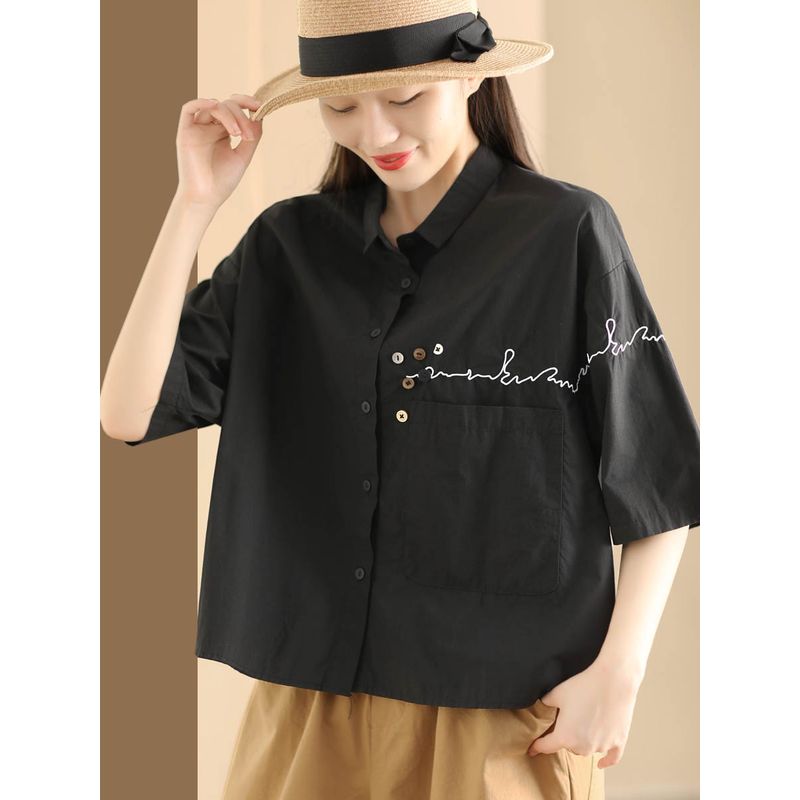 

Yuanyuan Beauty Clothing High Support Cotton Shirt Women s Hook Button Shirt Lapel Half Sleeve Tops Loose Cardigan Outer Wear Summer Black One size