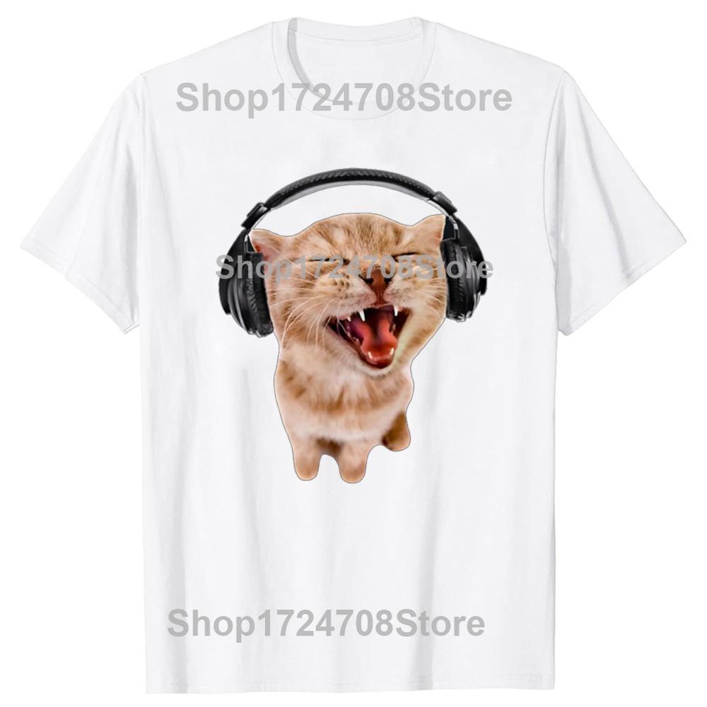 Funny Silly Cat With Headphones Graphic T-shirts Men Women's Fashion Casual Tshirt 100% Cotton Loose Oversized T Shirt