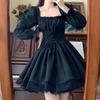 Women's Spring Sweet and Cute Lolita Dress Solid Color Square Neck Tie Waist Dresses