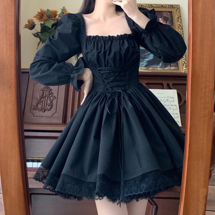 

Female Spring Sweet and Cute Lolita Dress Solid Color Square Neck Tie Waist Dresses XXS