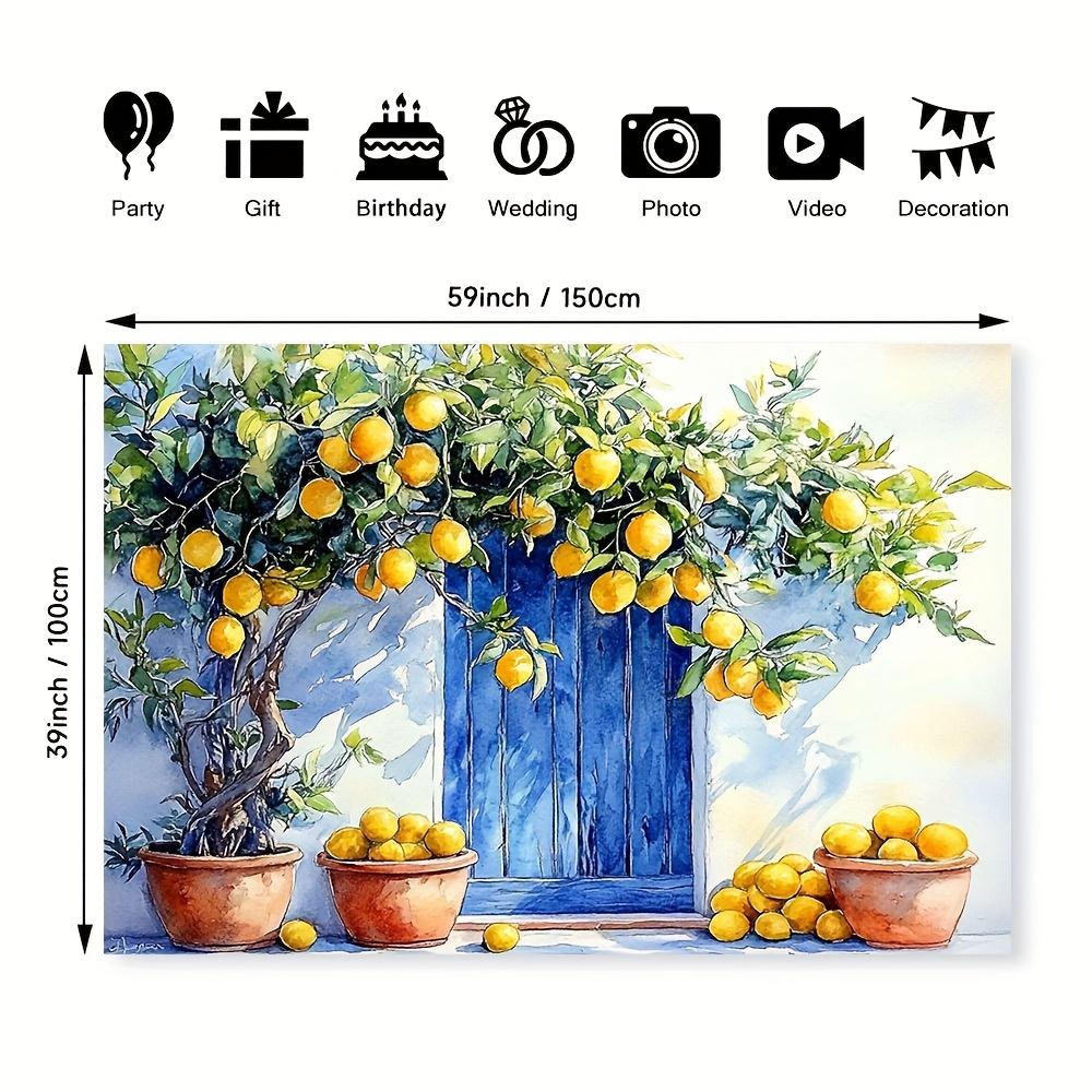 2D flat 1 piece lemon sunshine courtyard print party banner - Bright lemon tree and blue door design