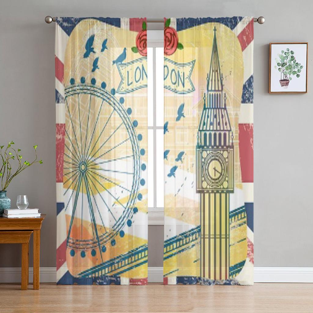 Romantische Vereinigtes Königreich Reise Chiffon Transparente Vorhänge für Wohnzimmer Schlafzimmer Küchendekoration Fenster Voiles Tüllvorhang