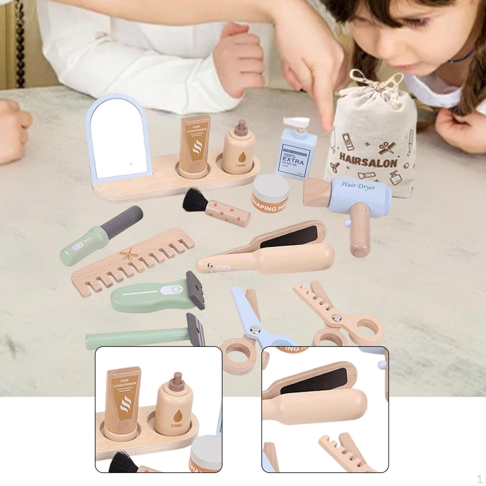 

Wooden Hair Salon Set Pretend Paly Styling Kit Realistic Educational with Mirror Dryer Toy for