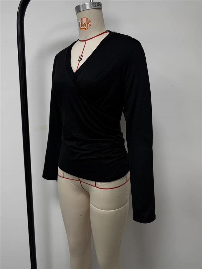 2026 Autumn Women's Cross V-neck Pleated Long Sleeve Casual T-shirt