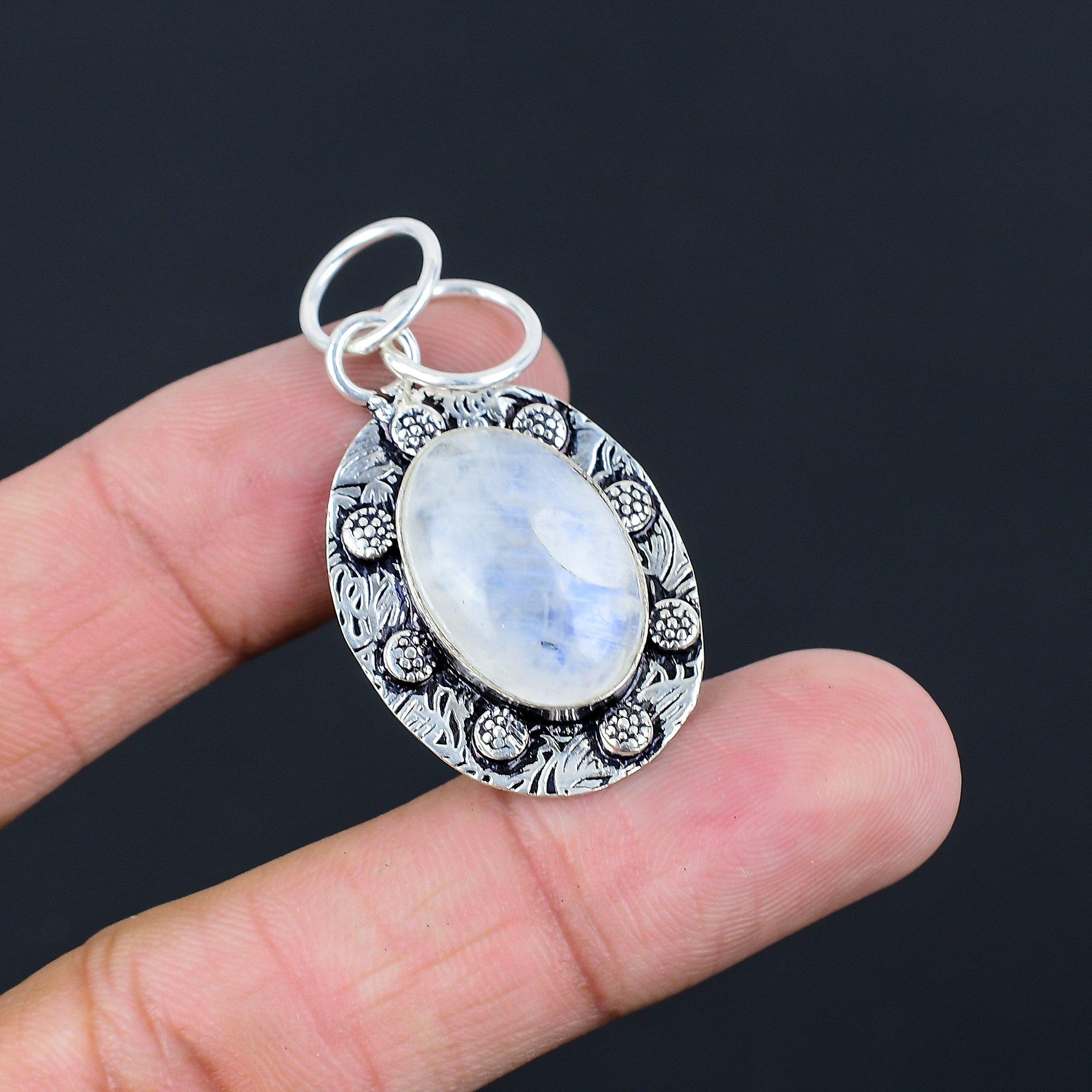 Womens day Deal Natural Rainbow Moonstone 925 Sterling Silver Daughter Pendant