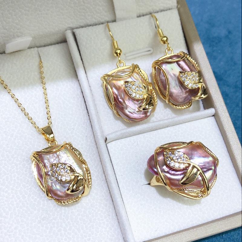 Baroque Freshwater Pearl Necklace, Ring & Earrings Set - Women's Jewelry 3-Piece Collection (bt341)