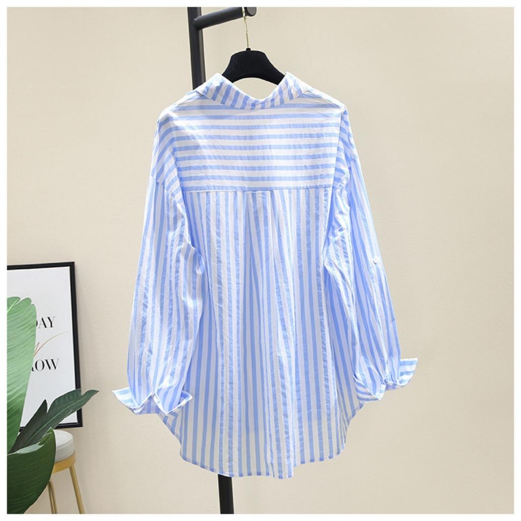 Spring and Summer Long-sleeved Shirt Women's Fashion Casual Vertical Striped Loose Shirt Women