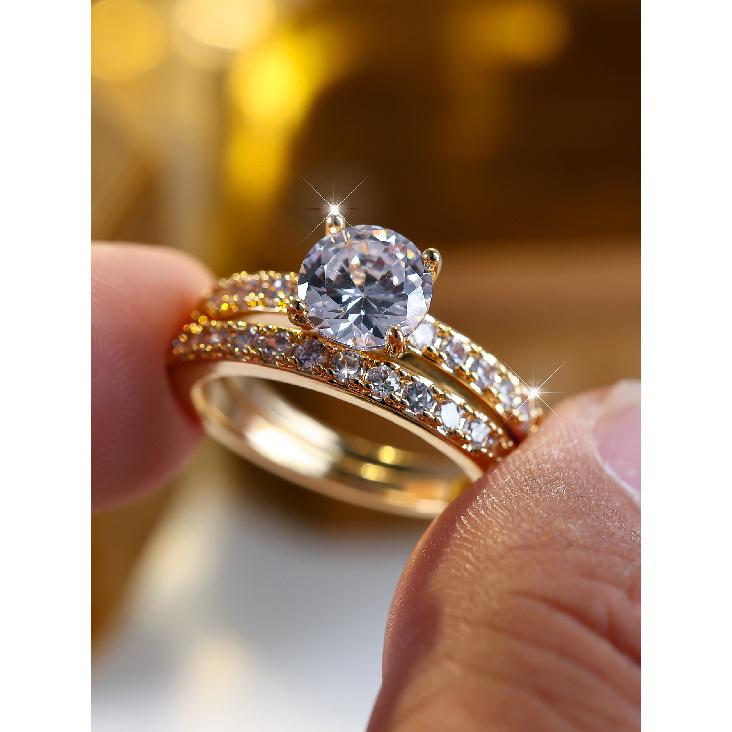 European and American style oval-shaped cubic zirconia double-layer ring Light luxury two-piece set of diamond-studded rings