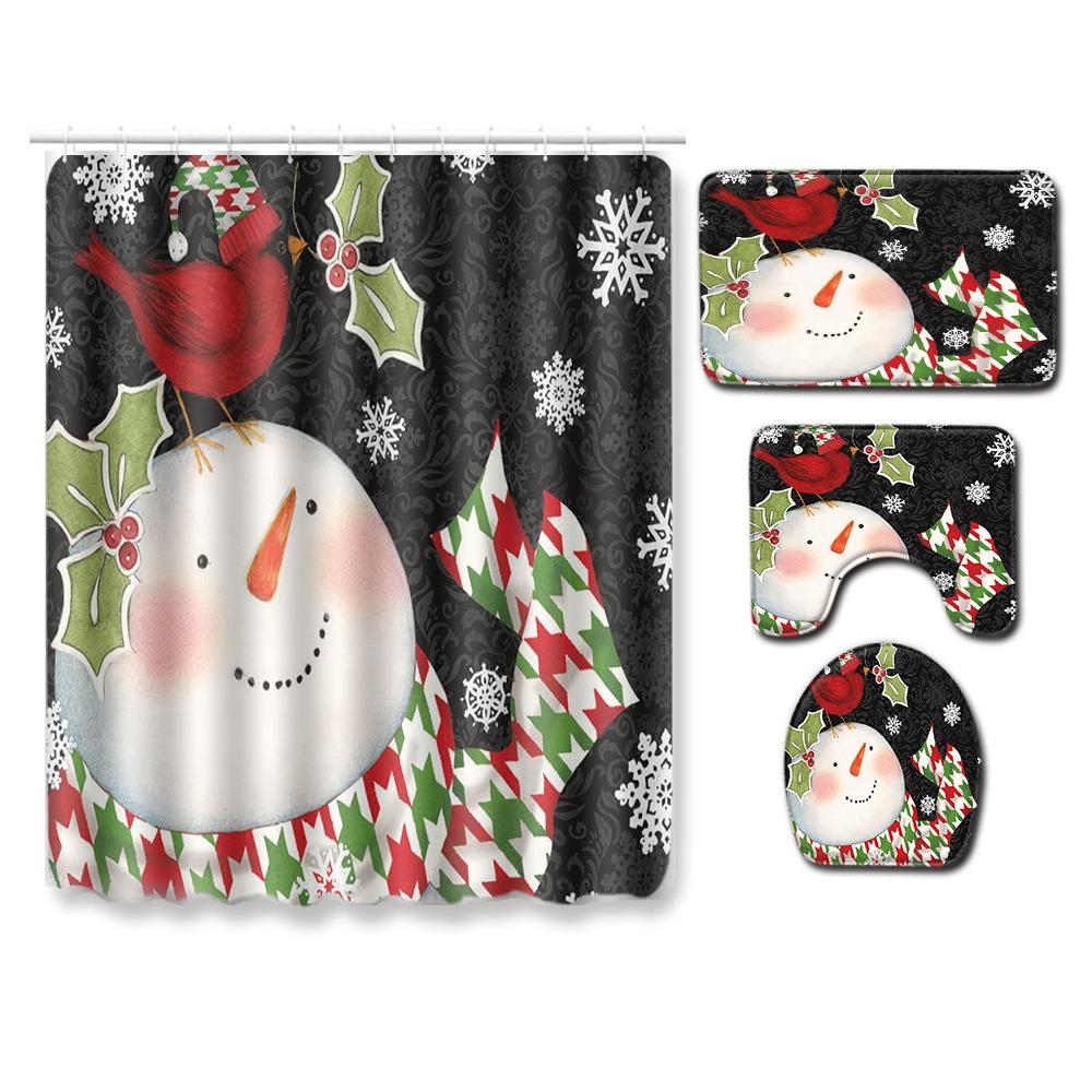 Christmas Shower Curtain Floor Mat Combination Four-Piece Set Bathroom Non-Slip Mat Toilet Absorbent Door Mat Carpet