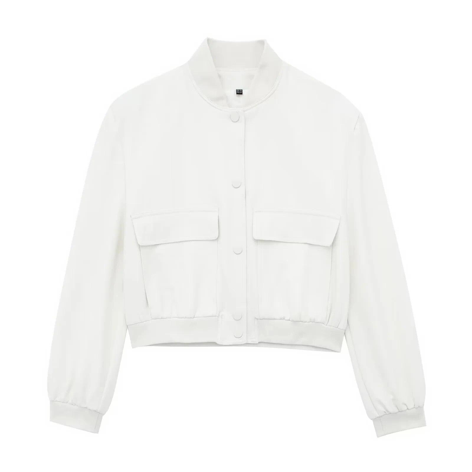 

Вінтажний однотонний бомбер з довгим рукавом Весняні жіночі повсякденні пальта Вуличний одяг 2023 Жіночий елегантний жакет на блискавці з лацканами S білий