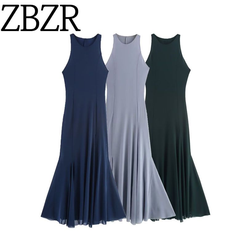 Zbzr Autumn New Women Clothes Solid Slim Fit Elegant Triangle Cloth Silk Net Long Dress 5039830