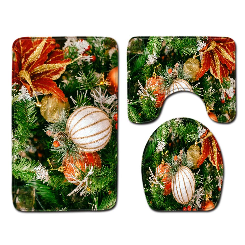 Christmas Shower Curtain Floor Mat Combination Four-Piece Set Bathroom Toilet Carpet Shower Room Mat Foot Mat