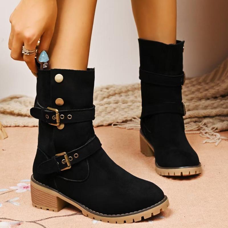 Suede Women Ankle Chunky Chelsea Boots Mid Heels Fashion Heeled Shoes Pumps  New Winter Goth Casual Woman Short Botas Mujer