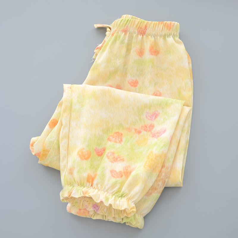 Sommer Mädchen Baumwolle und Seide Mückensichere Hose Dünn und Vielseitig Kinder Blumen Laternenhose Kunstbaumwolle Freizeithose