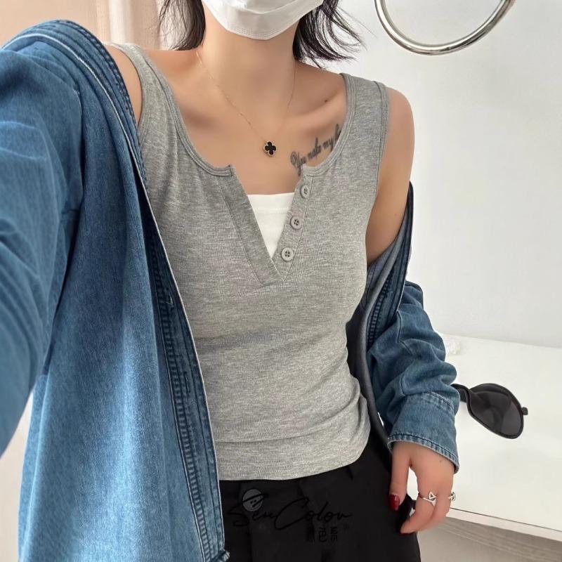 Simple Fashion Integrated Round Neck Fake Two Wide Shoulder Back Heart Female Slimming Thread Matching Sleeveless
