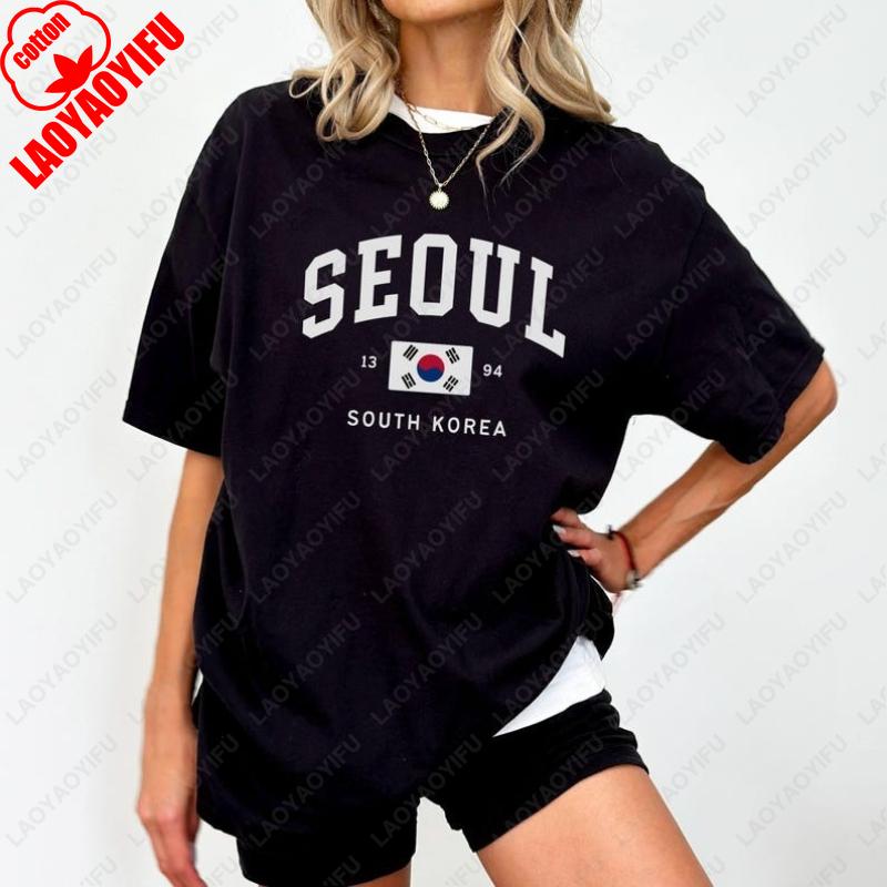 Seoul South Korean Flag Unisex Tees Vintage Classic Fashion Streetwear Tops Unisex Women High Quality Cotton Street Fashion Tshirt