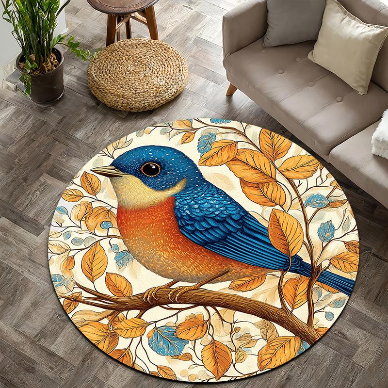 Blue Bird & Autumn Leaves Flannel-printed round floor mats are slip-resistant Suitable for living bedroom terrace garden carpets