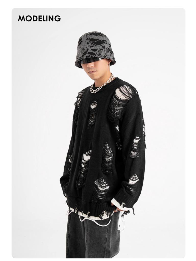 TIDE CARD LOG Nadměrný roztrhaný streetwearový svetr ve stylu dvoudílného kompletu pro muže a ženy