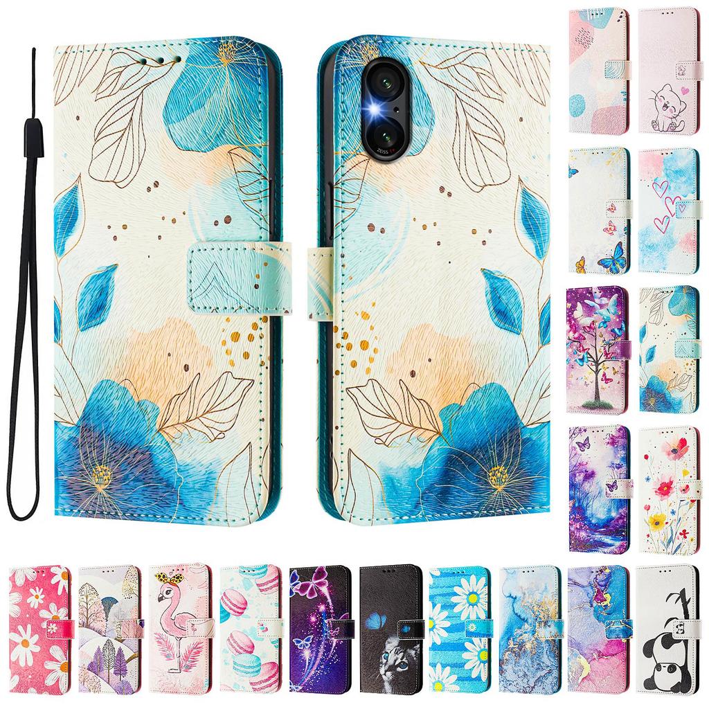 Blue Flower Luxury Painted Leather Case Wallet Book Style Cover for Sony Xperia 5 IV / 10 IV ,Xperia 1 V / 5 V / 10 V,Xperia 1 VI,5 VI,10 VI.