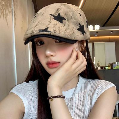 Korean Style Women's Versatile Distressed Star Newsboy Cap, Reversible Trendy Beret for Large Head Circumference