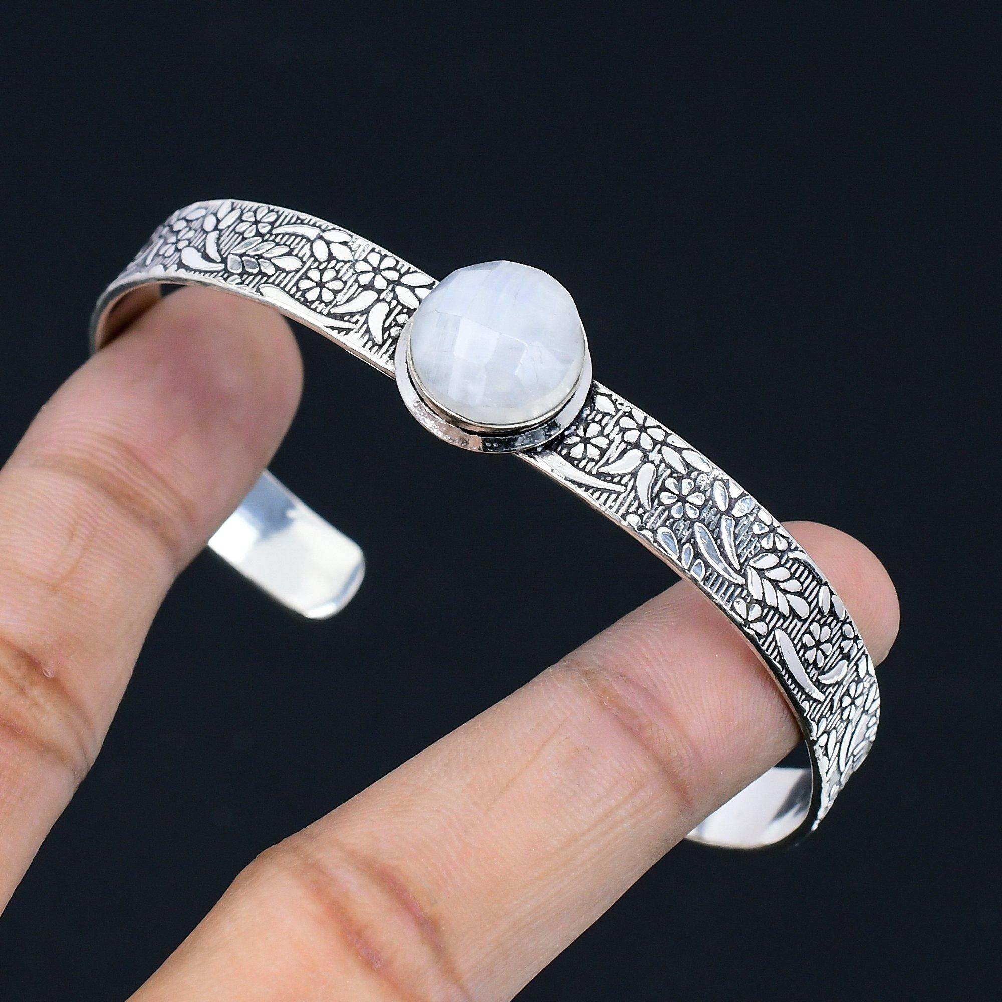

Daughters Day Sale Natural Rainbow Moonstone Ethnic Bangle Bracelet 925 Silver Adjustable