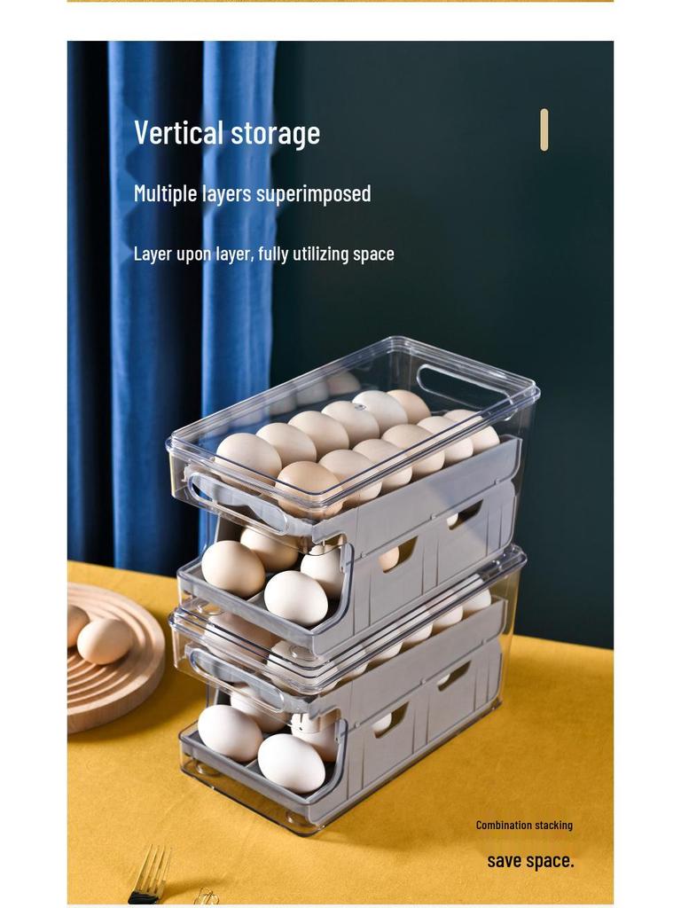 Stackable Double-Layer Slide-Out Egg Storage Box - Transparent, Shockproof, Quick-Freeze Refrigerator Organizer