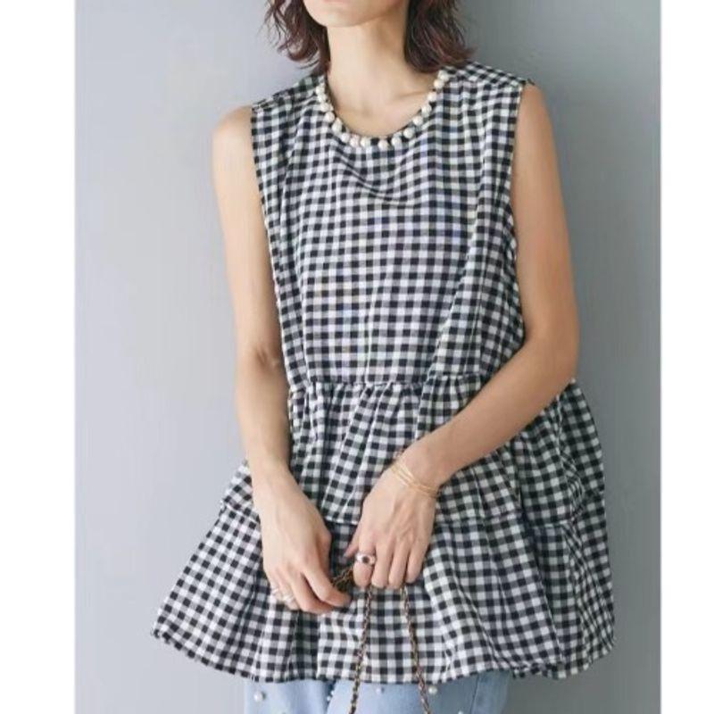 

Japanese and Korean Hong Kong Style Summer Gingham Pure Color round Neck Nail Pearl A- line Ruffles Sleeveless Shirt Tops Doll Shirt for Women Plaid One size