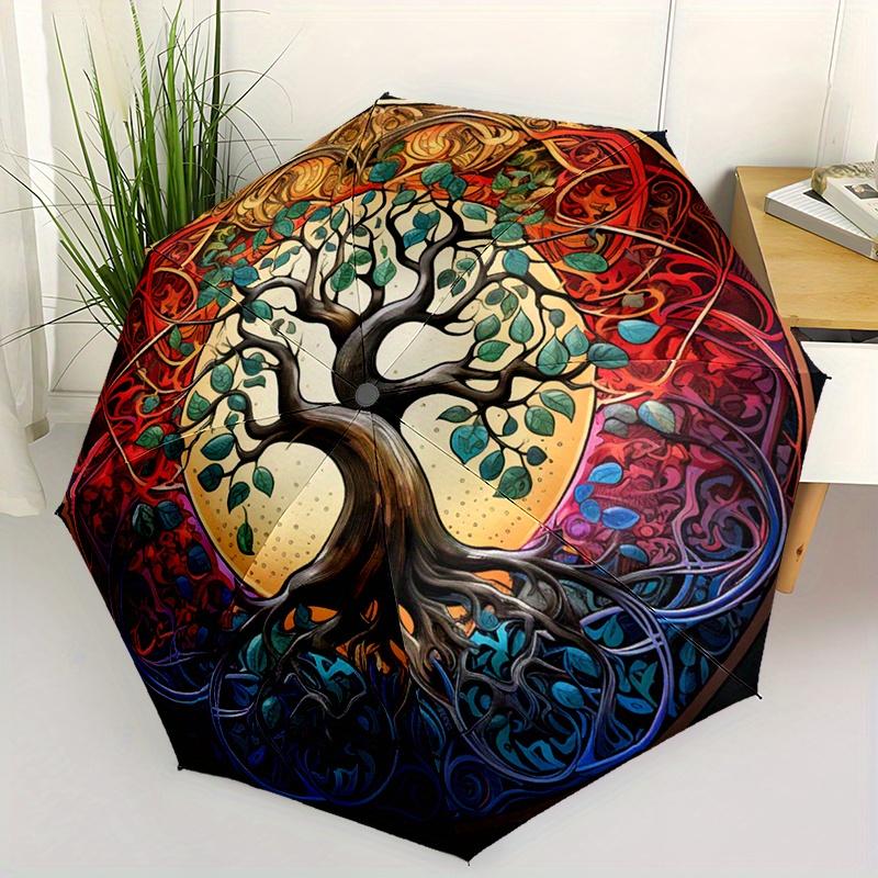 1pc Colorful Tree Design Automatic Portable Folding Umbrella with Durable Iron Frame and Plastic Handle, Suitable for All Seas