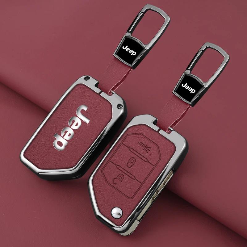 For Jeep Metal Leather 2 3 4 Buttons Car Flip Key Case Cover For Jeep Gladiator JT Sahara JLU Wrangler JL Rubicon 2018 2019 A