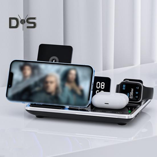 4 In 1 Wireless Charger Stand with Alarm Clock & Night Light Foldable Fast Charging Dock One-Key Lifting Smartwatch Charging Stand for IPhone